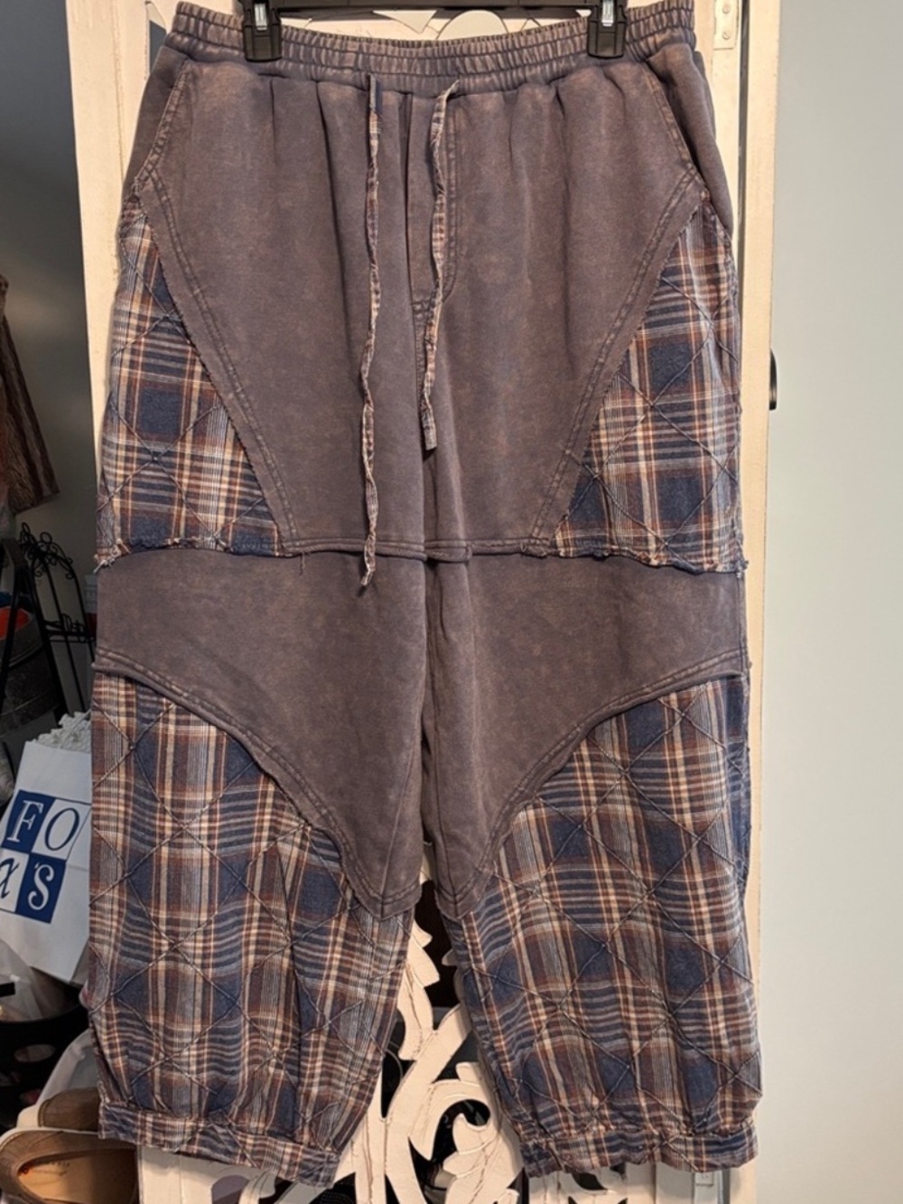 New Oli & Hali Navy Washed Plaid Cabin Kind Terry Patchwork Pants | Large - Picture 11 of 16